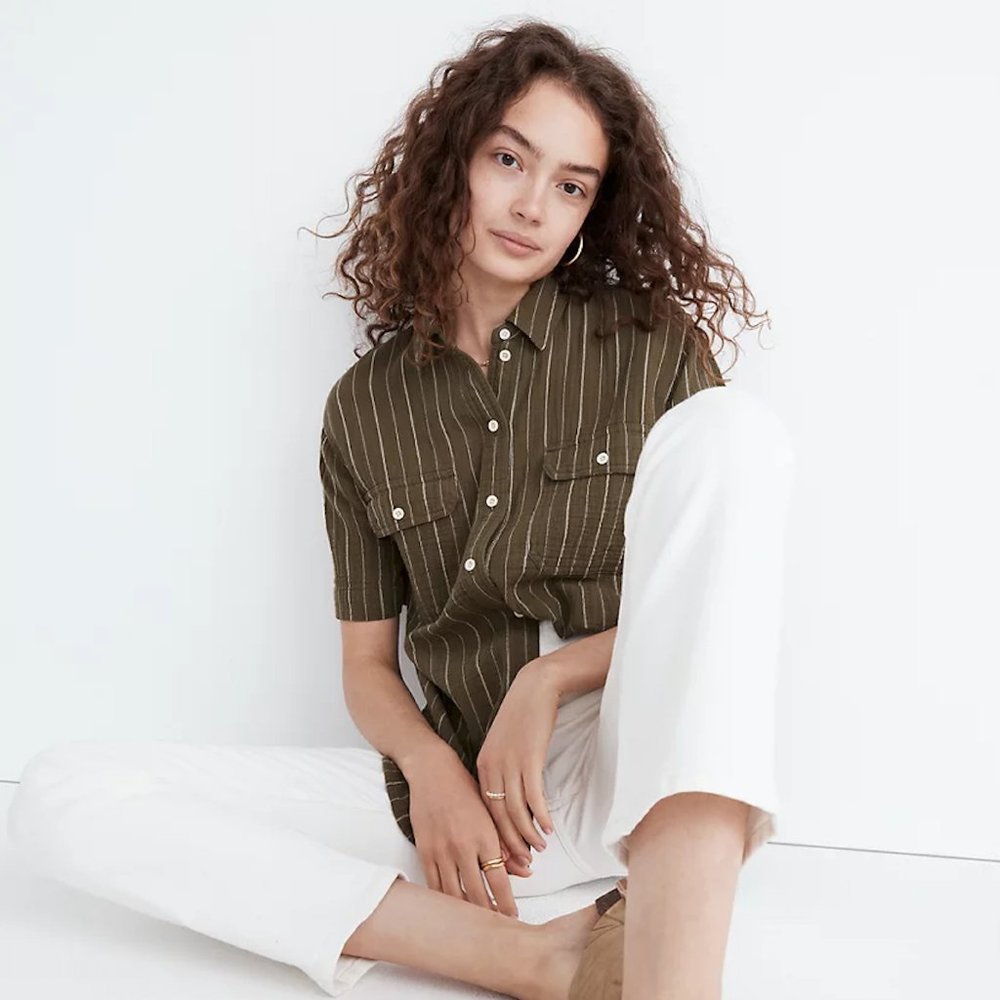 Madewell NWT Lightspun Short-Sleeve Flap-Pocket Shirt in Stripe Olive Color